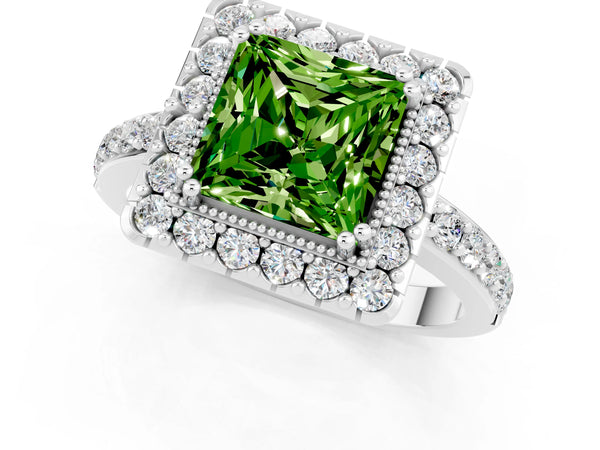 Silver Princess Cut Peridot Halo Ring with Pavé Band and Prong Setting