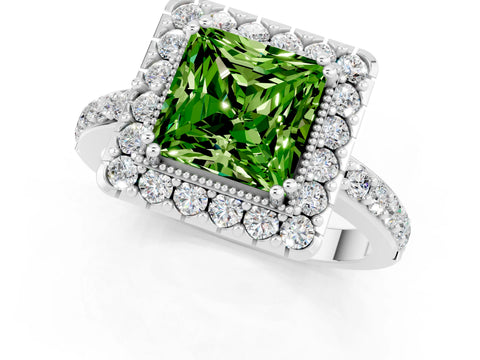 White gold Princess Cut Peridot Halo Ring with Pavé Band and Prong Setting_1