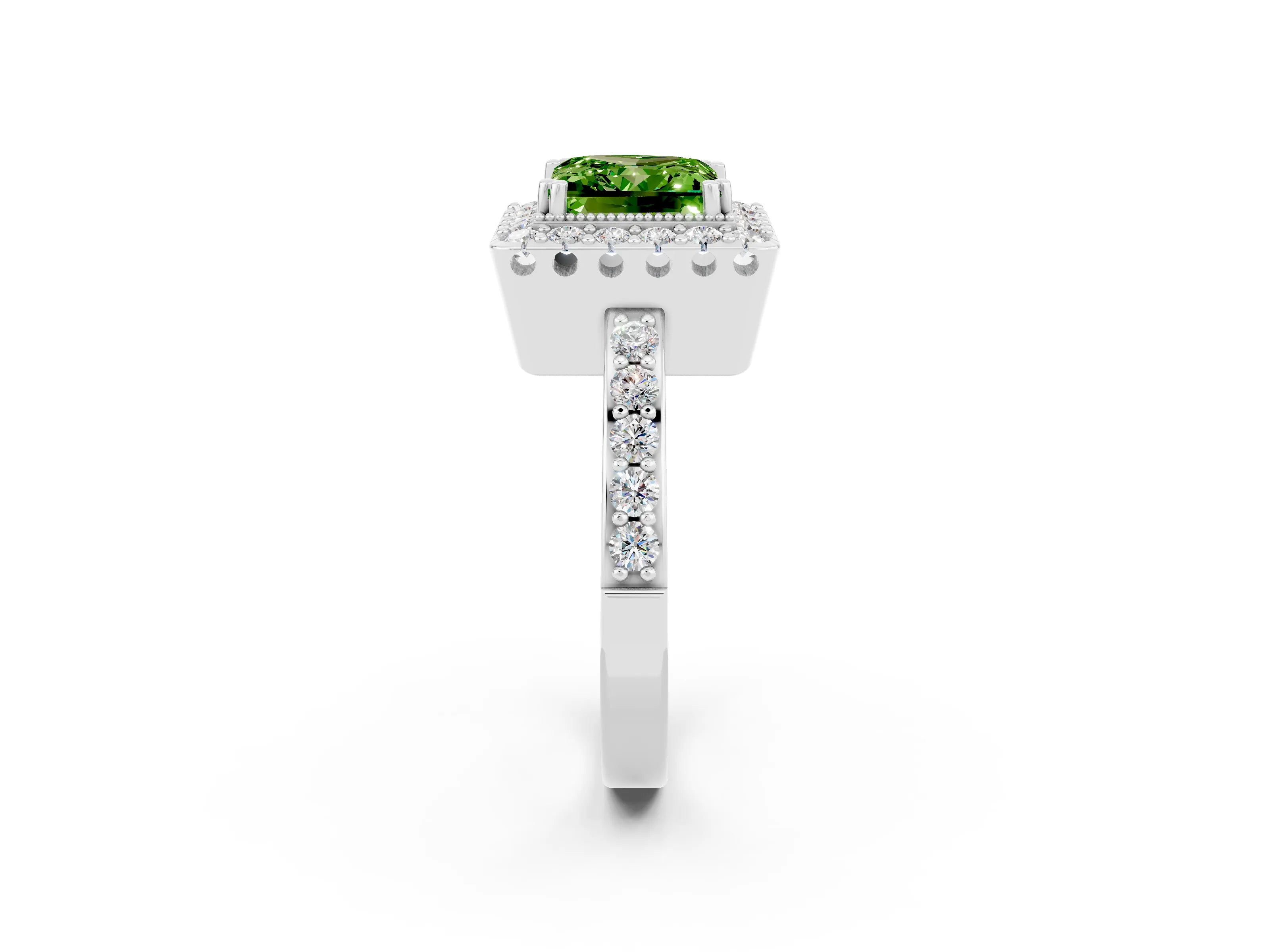 White gold Princess Cut Peridot Halo Ring with Pavé Band and Prong Setting_2