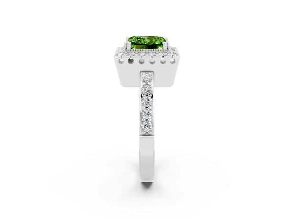 White gold Princess Cut Peridot Halo Ring with Pavé Band and Prong Setting