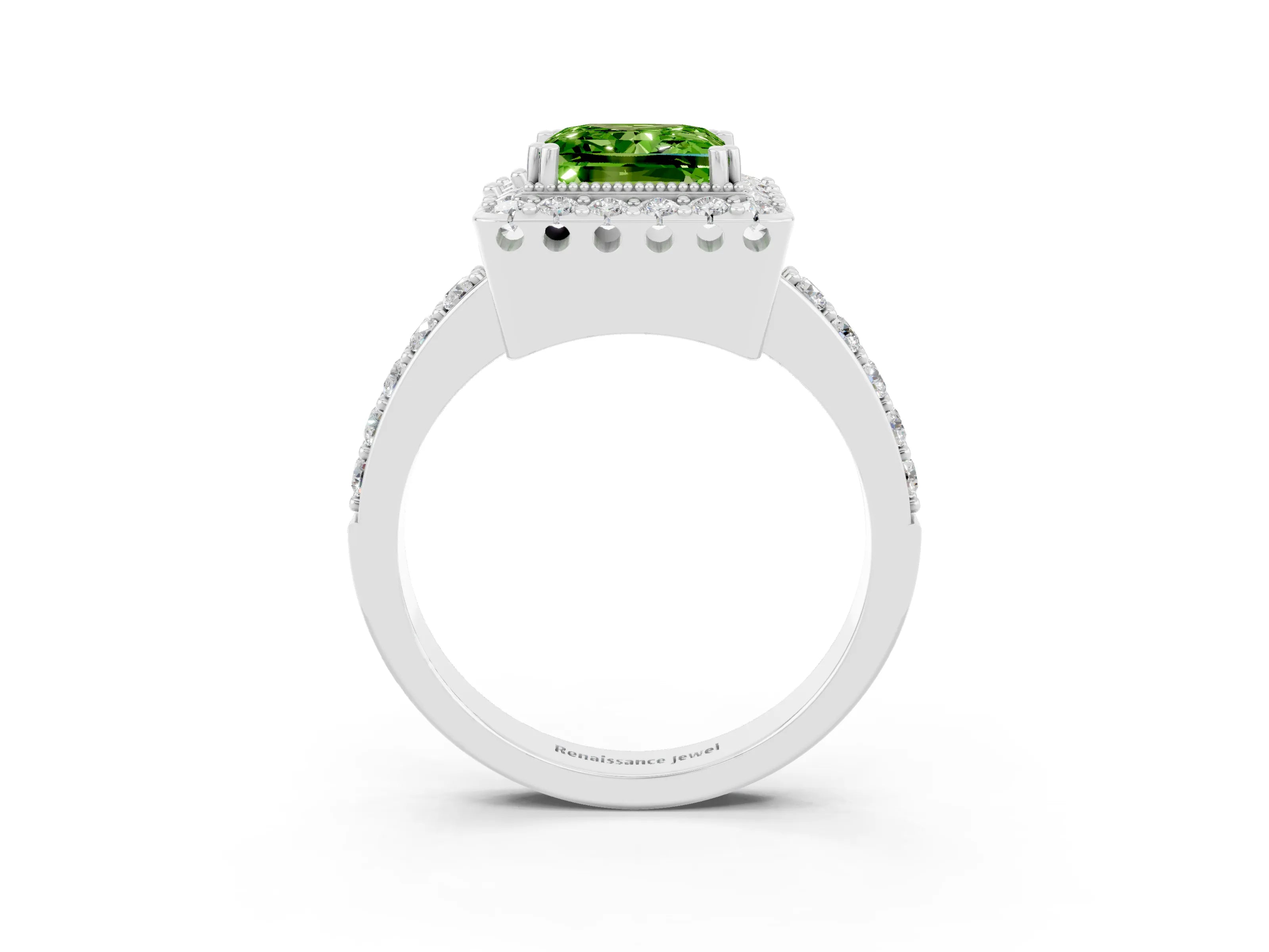White gold Princess Cut Peridot Halo Ring with Pavé Band and Prong Setting_3