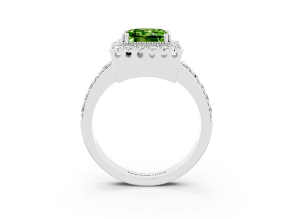 Platinum Princess Cut Peridot Halo Ring with Pavé Band and Prong Setting