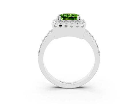 White gold Princess Cut Peridot Halo Ring with Pavé Band and Prong Setting_3