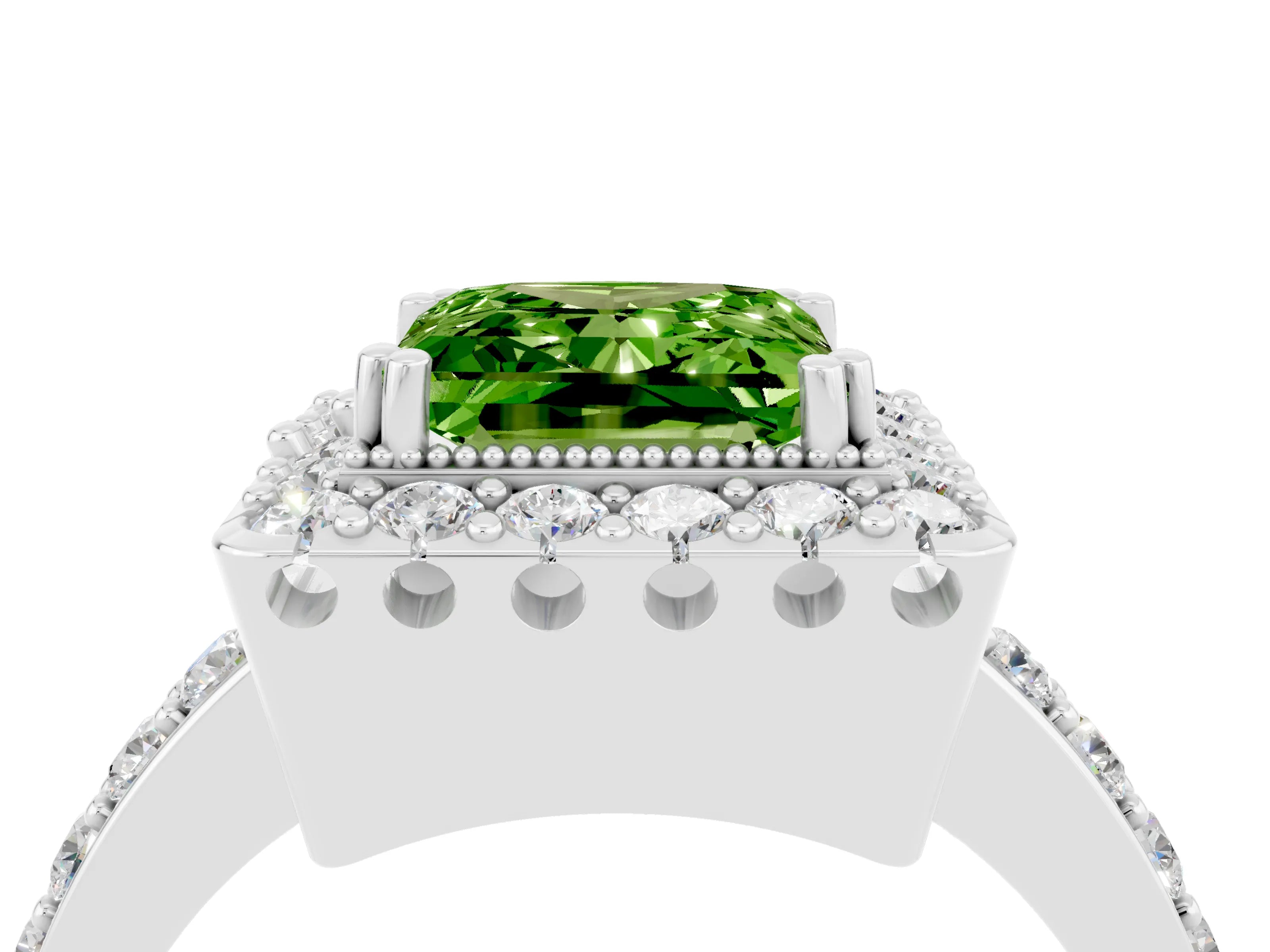 White gold Princess Cut Peridot Halo Ring with Pavé Band and Prong Setting_4