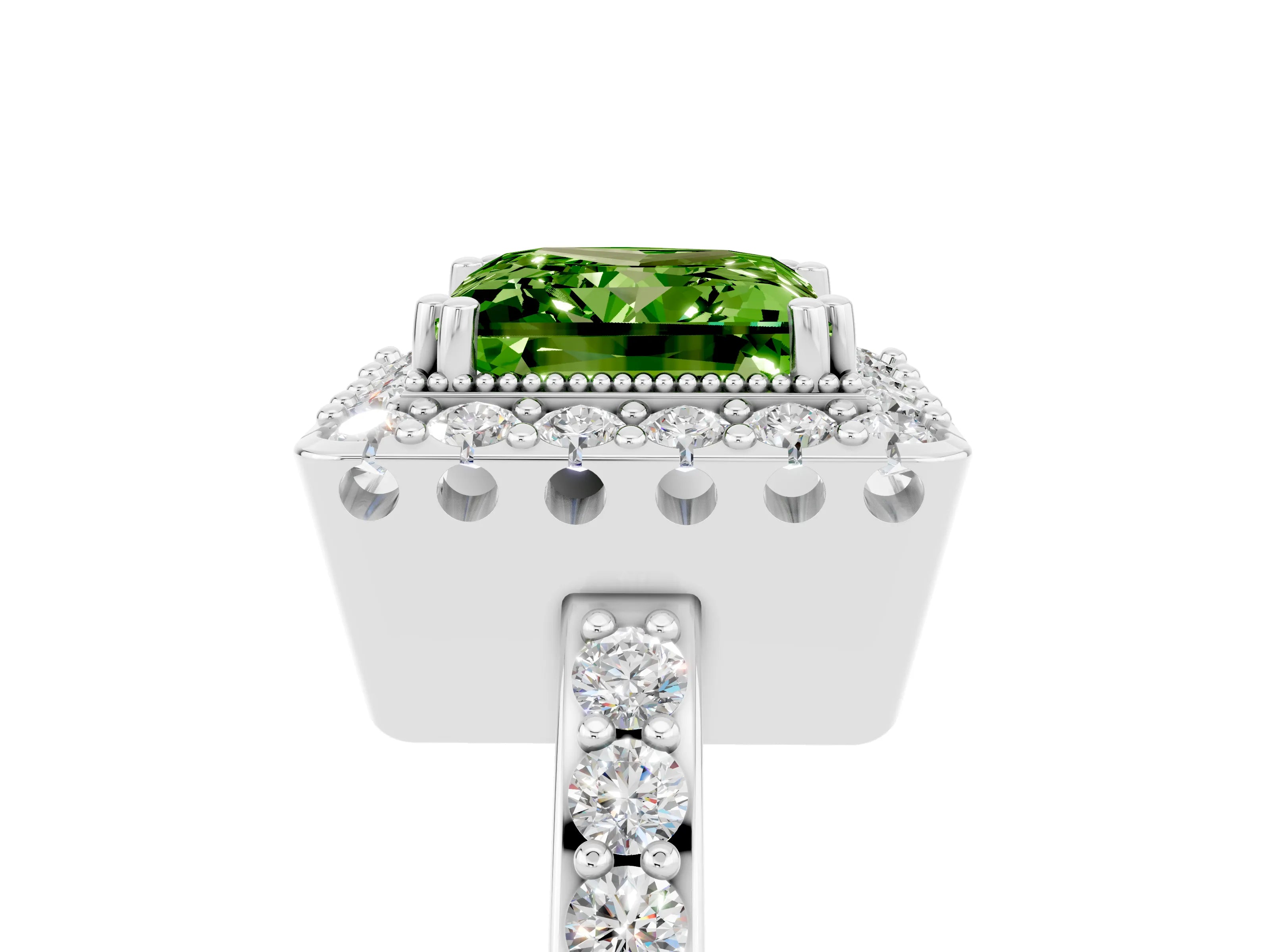 White gold Princess Cut Peridot Halo Ring with Pavé Band and Prong Setting_5