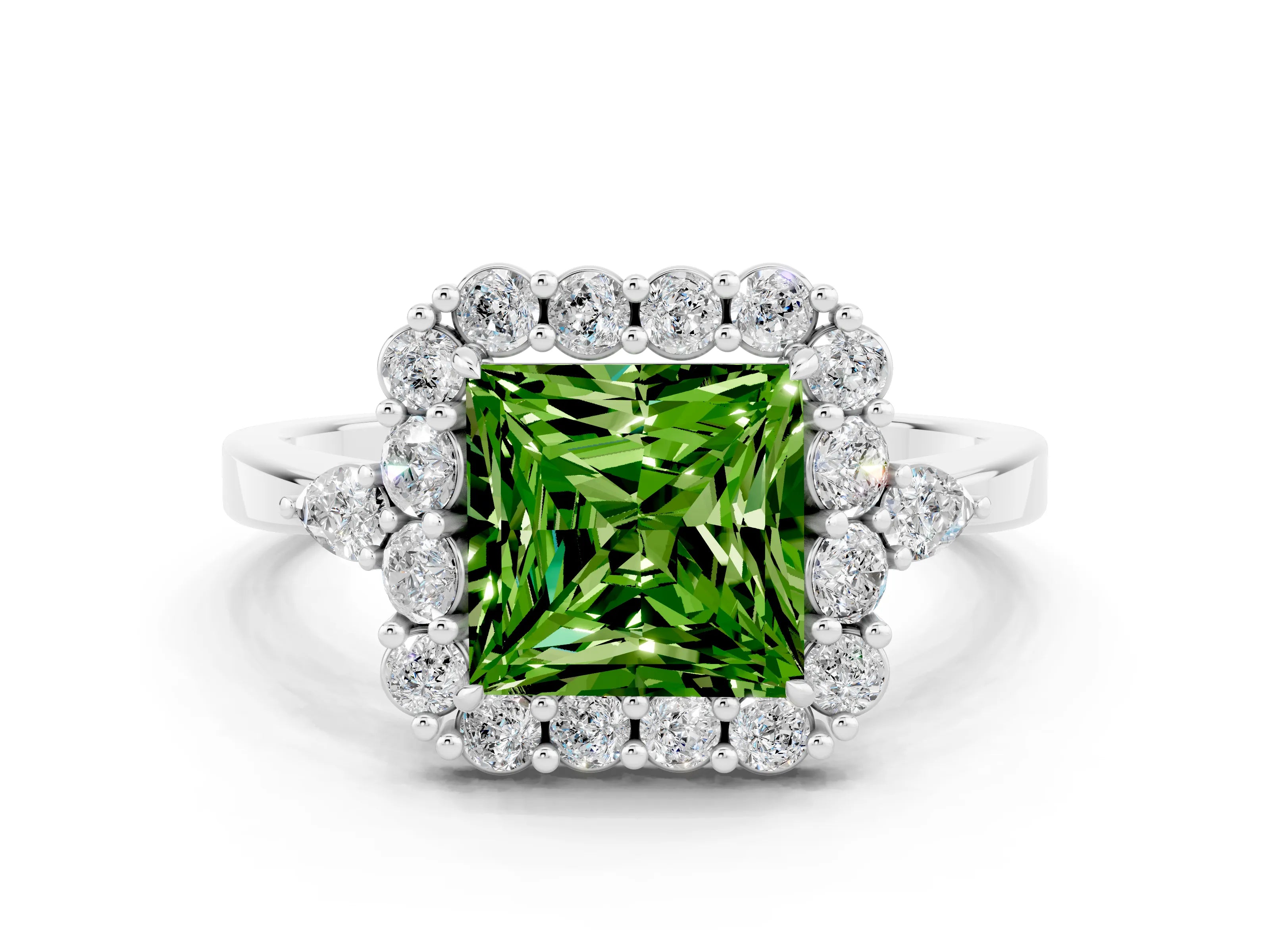 White gold Princess Cut Peridot Halo Ring with Pear Side Stones and Prong Setting_24