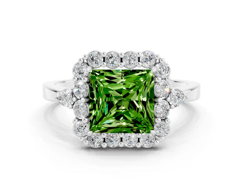 White gold Princess Cut Peridot Halo Ring with Pear Side Stones and Prong Setting_24