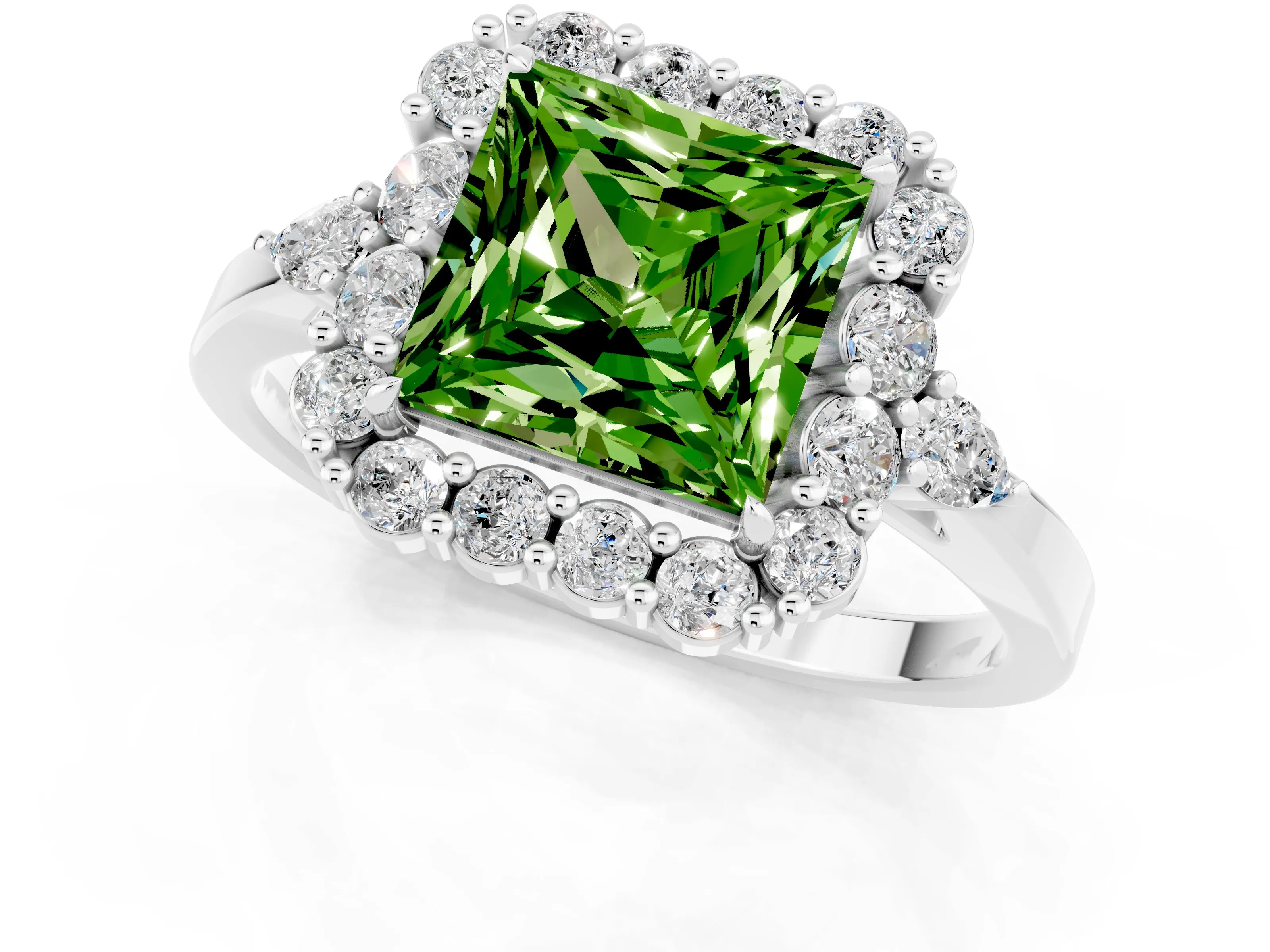 White gold Princess Cut Peridot Halo Ring with Pear Side Stones and Prong Setting_25