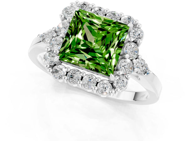 Silver Princess Cut Peridot Halo Ring with Pear Side Stones and Prong Setting