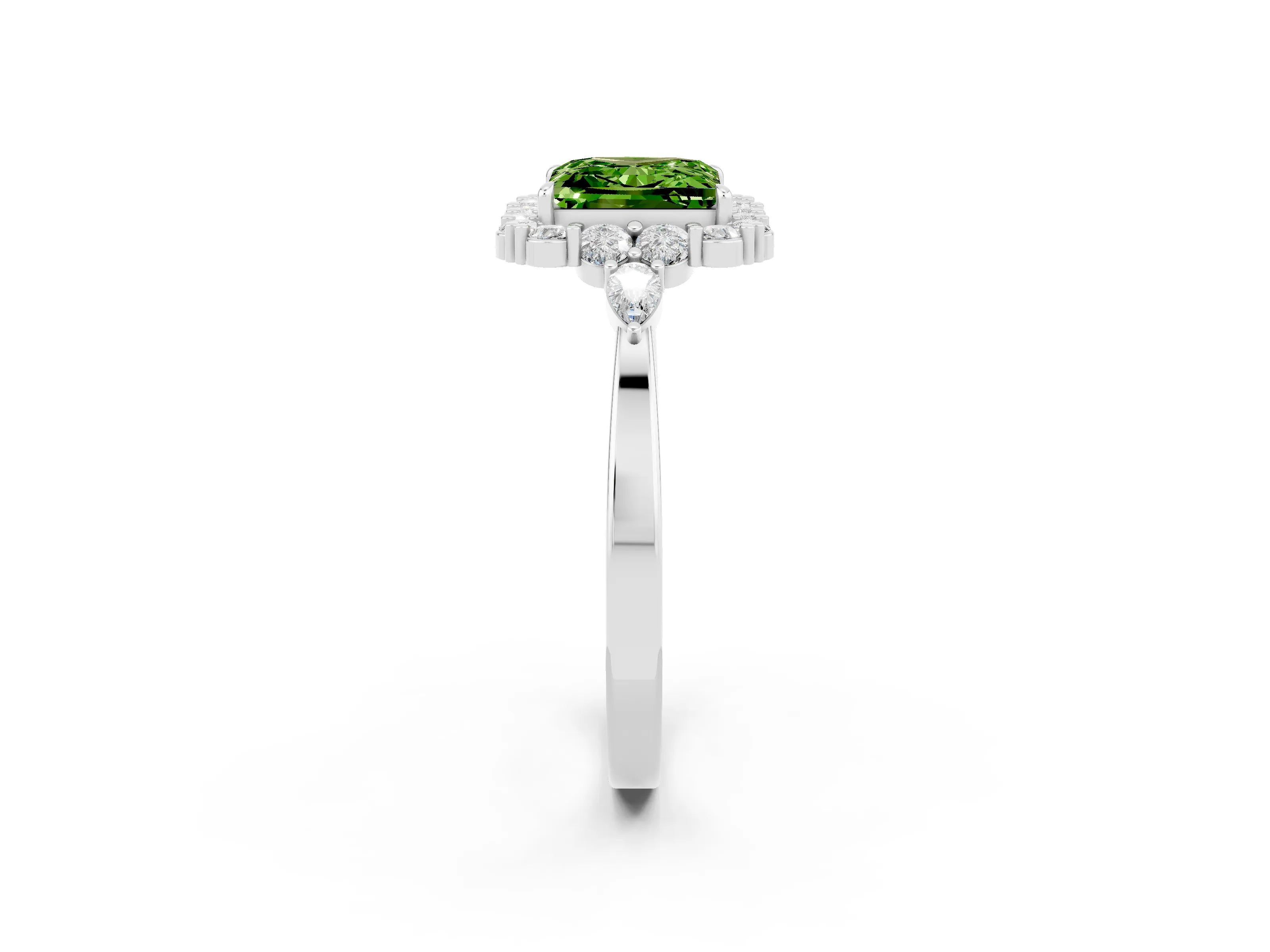 White gold Princess Cut Peridot Halo Ring with Pear Side Stones and Prong Setting_26