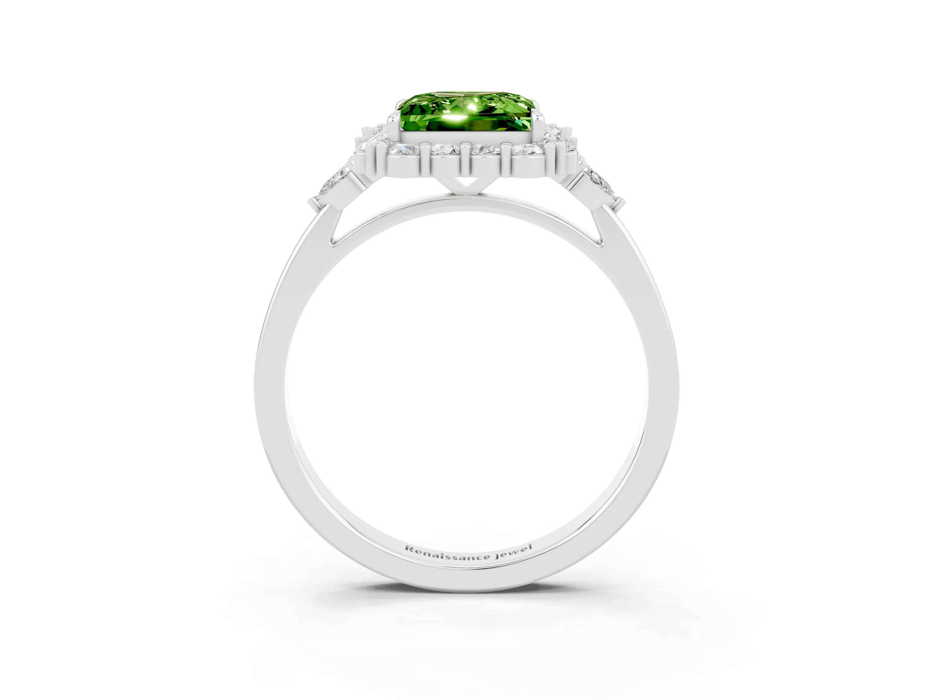 White gold Princess Cut Peridot Halo Ring with Pear Side Stones and Prong Setting_27