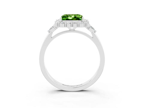 White gold Princess Cut Peridot Halo Ring with Pear Side Stones and Prong Setting_27