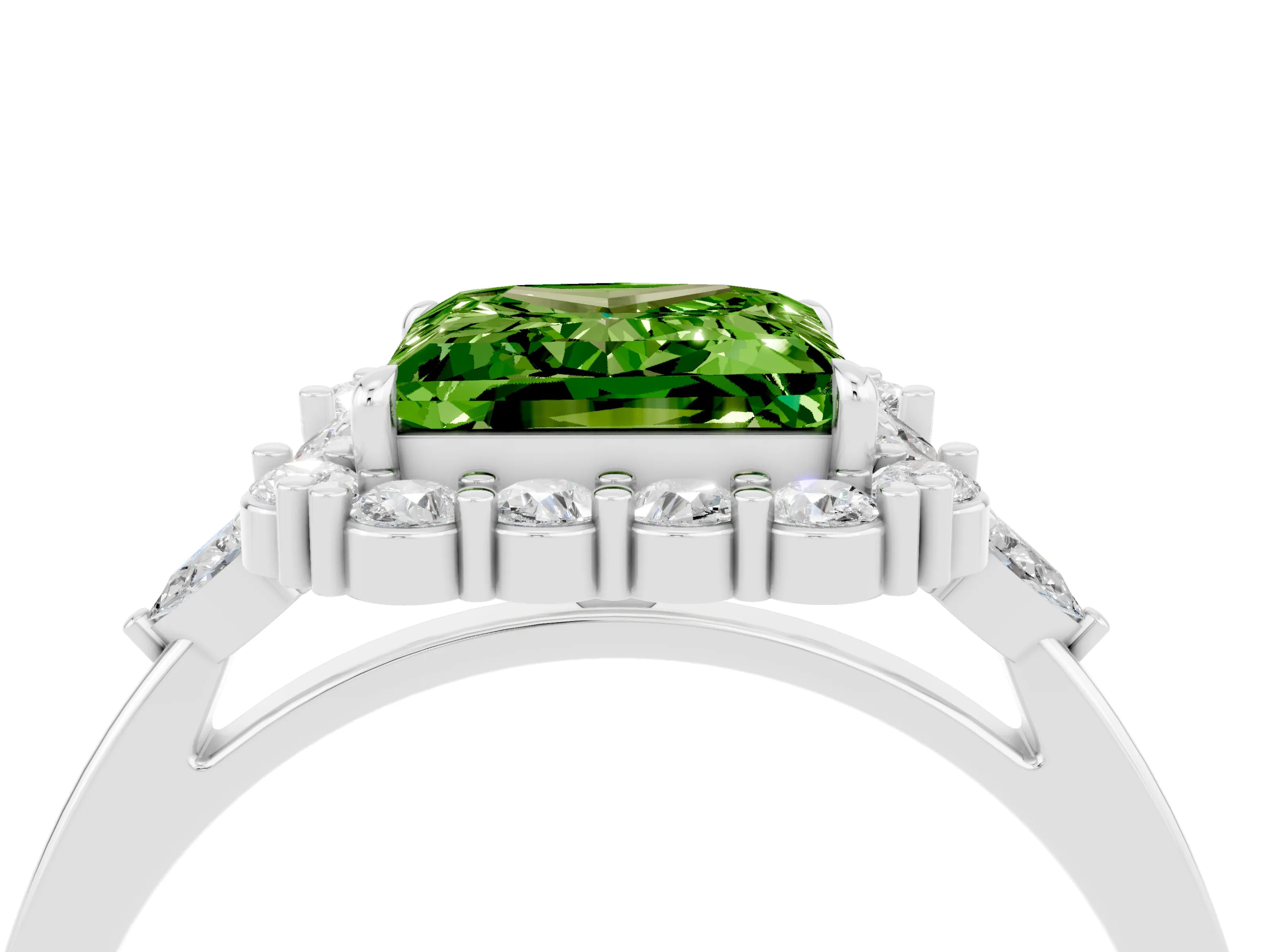 White gold Princess Cut Peridot Halo Ring with Pear Side Stones and Prong Setting_28