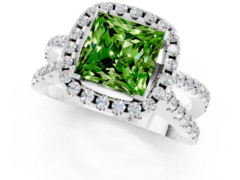 White gold Princess Cut Peridot Halo Ring with Split Shank Pavé Band and Prong Setting_1
