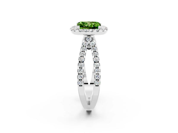 Platinum Princess Cut Peridot Halo Ring with Split Shank Pavé Band and Prong Setting
