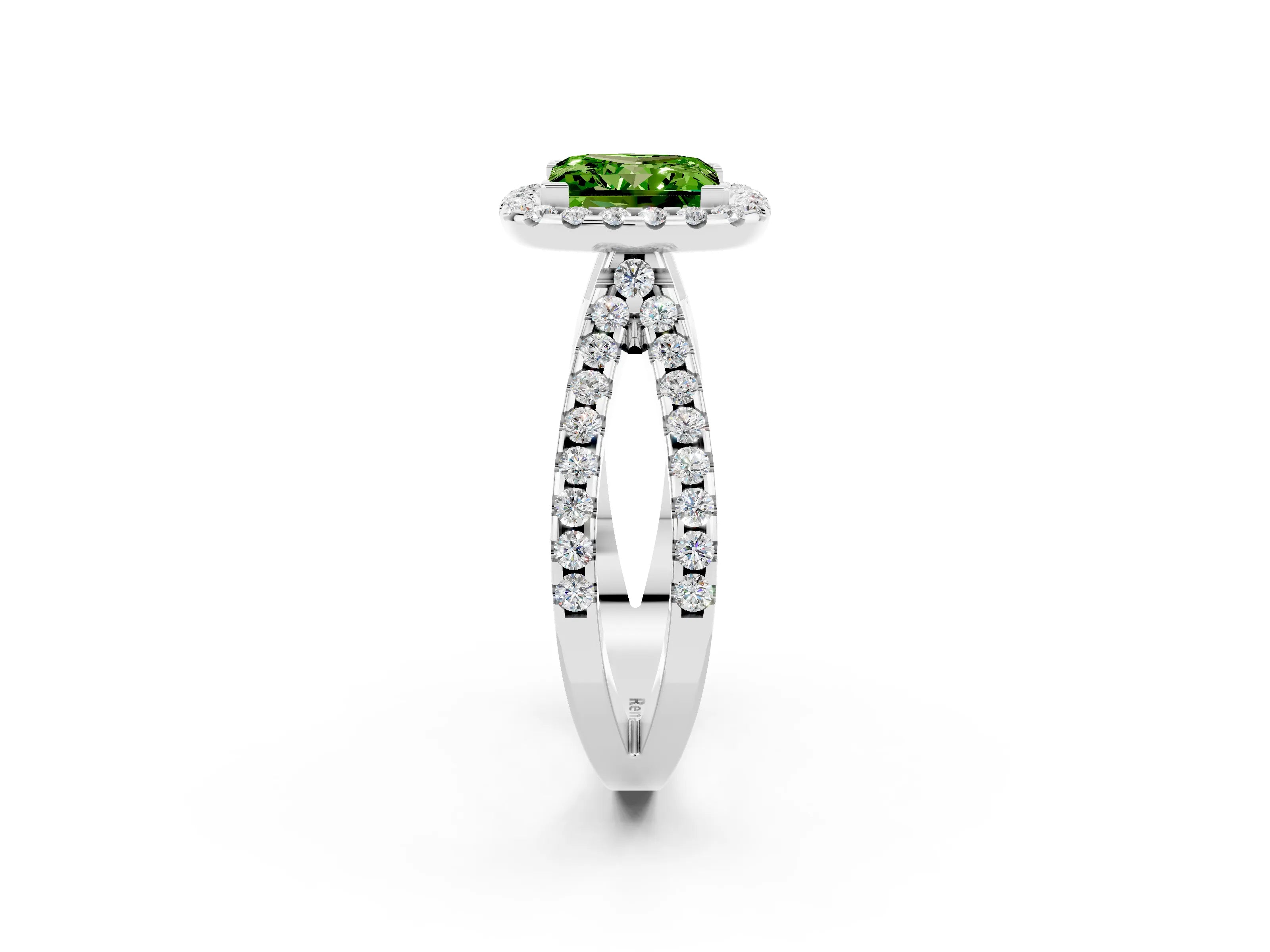 White gold Princess Cut Peridot Halo Ring with Split Shank Pavé Band and Prong Setting_2