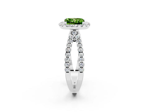 White gold Princess Cut Peridot Halo Ring with Split Shank Pavé Band and Prong Setting_2