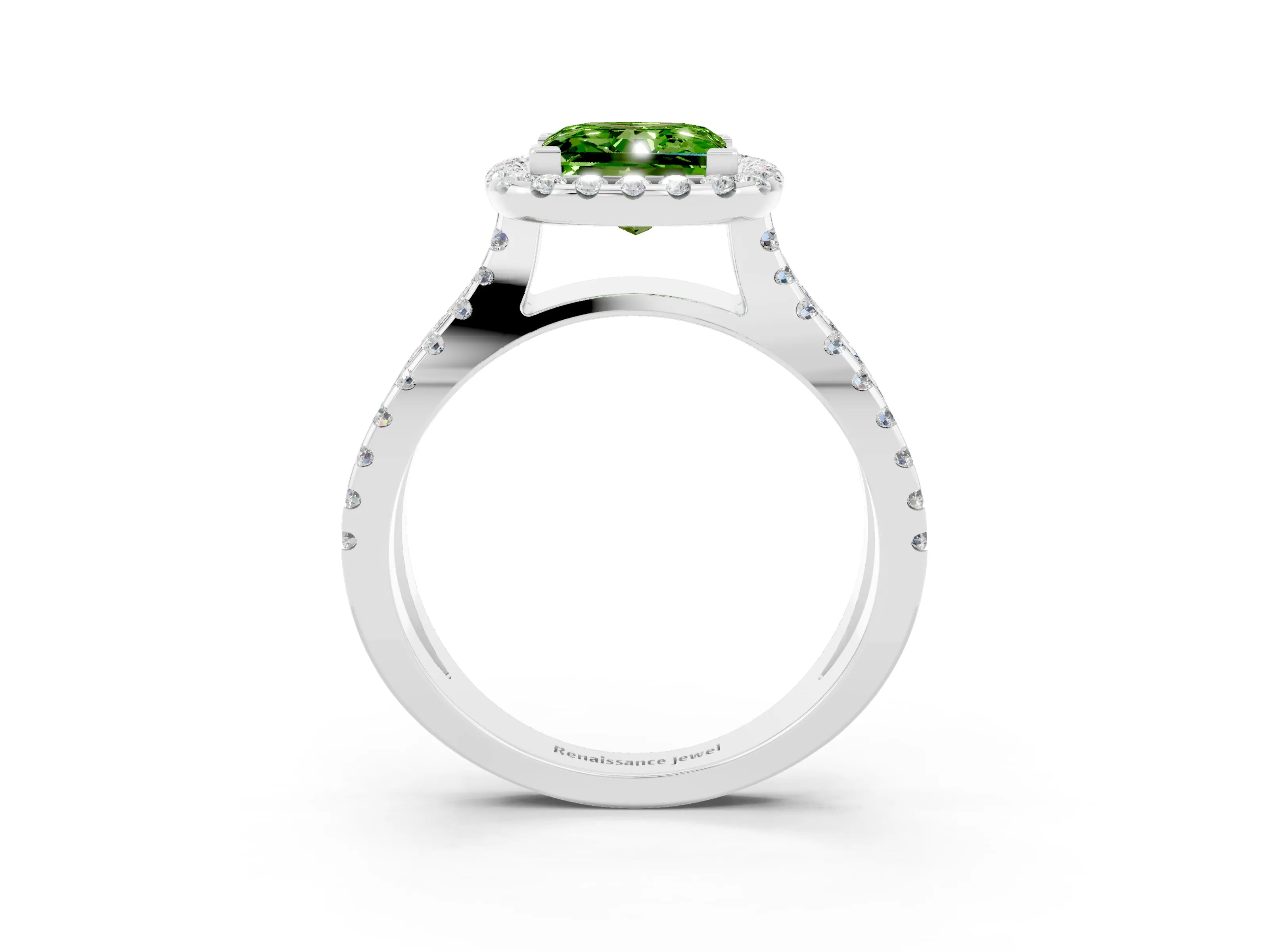 White gold Princess Cut Peridot Halo Ring with Split Shank Pavé Band and Prong Setting_3