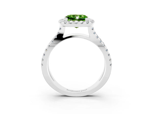 White gold Princess Cut Peridot Halo Ring with Split Shank Pavé Band and Prong Setting
