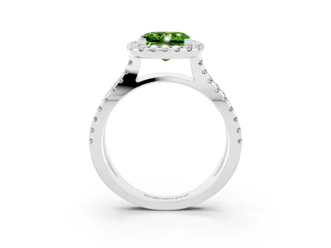 White gold Princess Cut Peridot Halo Ring with Split Shank Pavé Band and Prong Setting_3