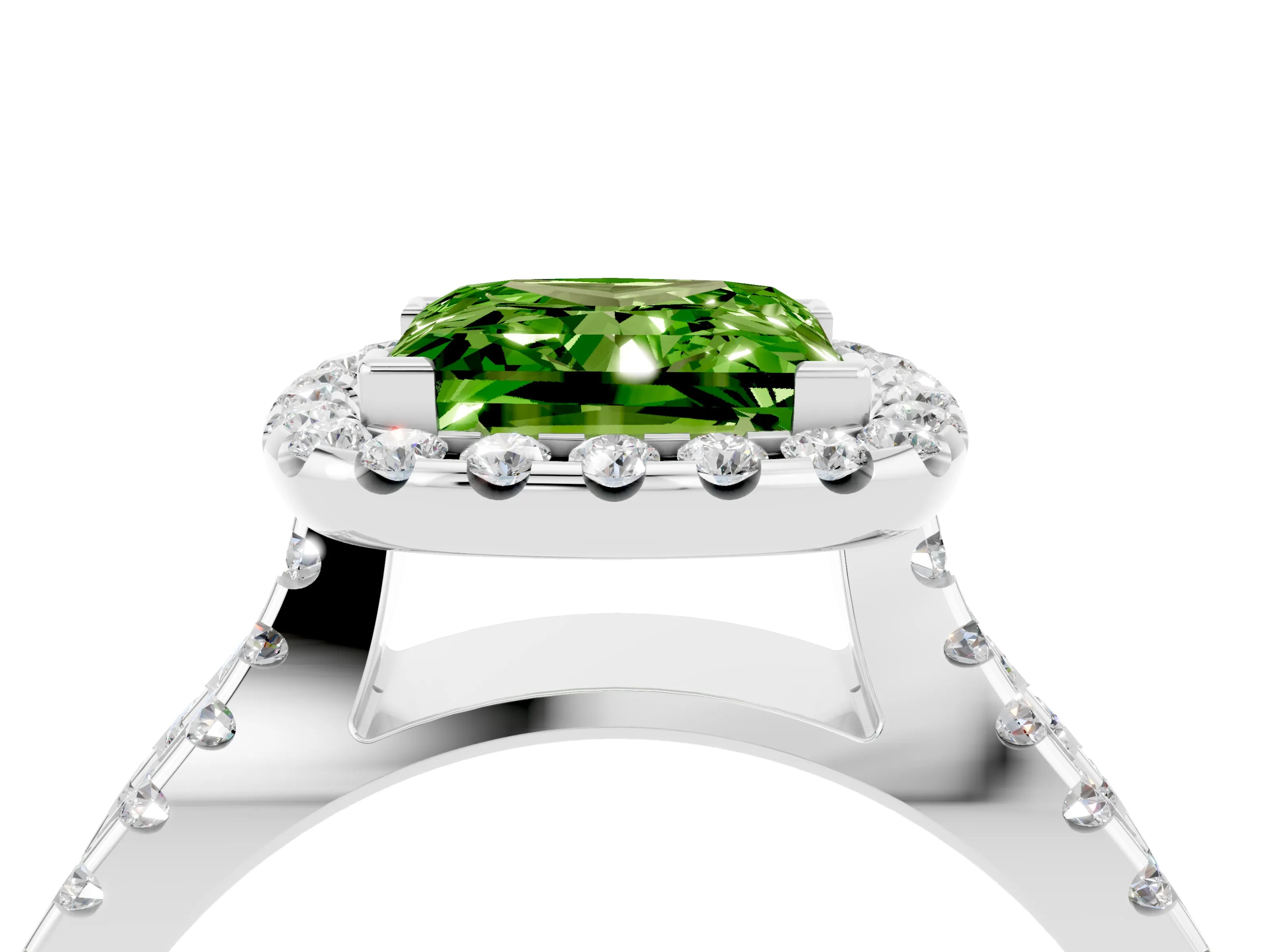White gold Princess Cut Peridot Halo Ring with Split Shank Pavé Band and Prong Setting_4
