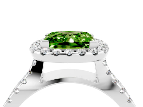 White gold Princess Cut Peridot Halo Ring with Split Shank Pavé Band and Prong Setting_4