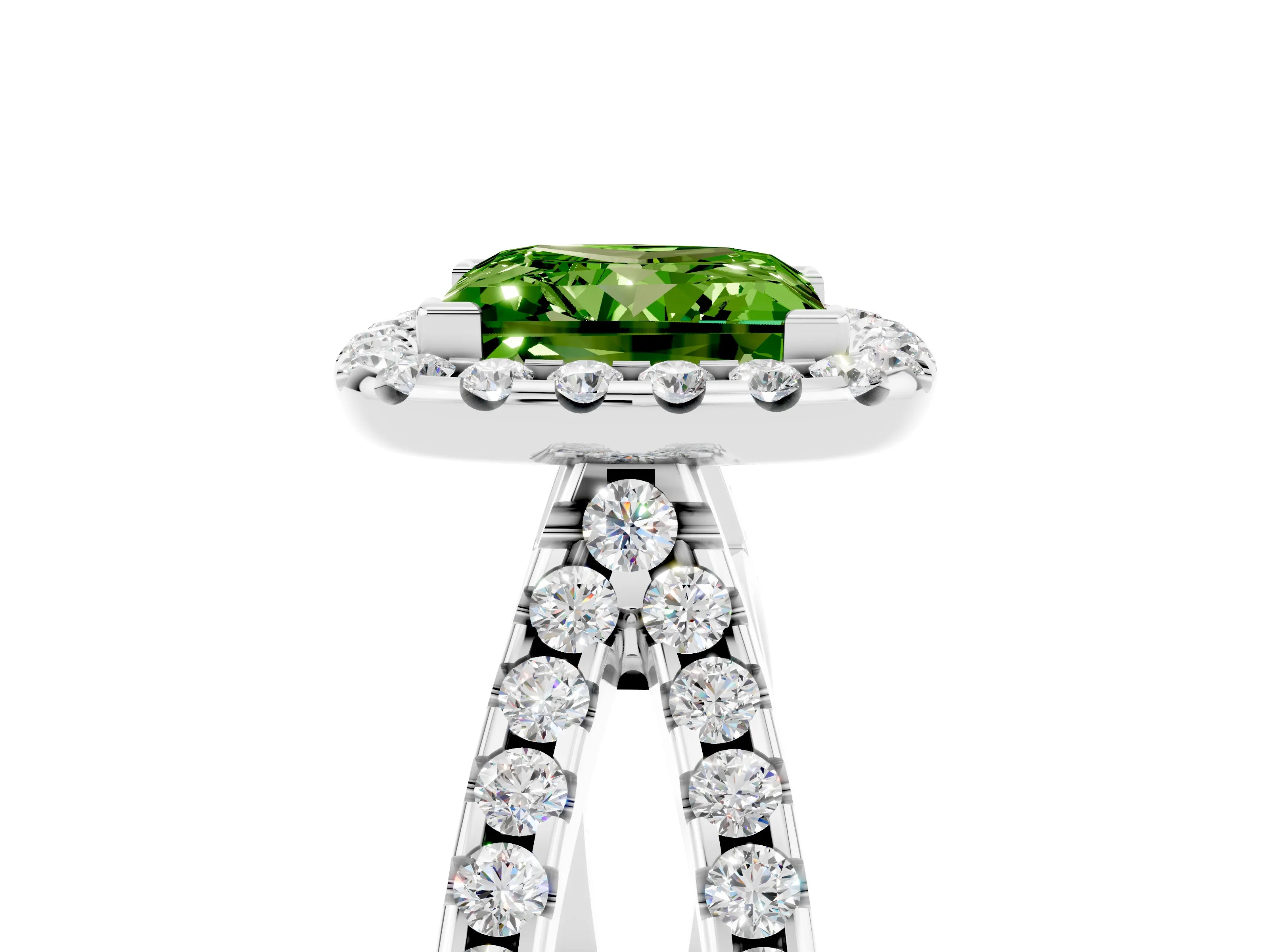 White gold Princess Cut Peridot Halo Ring with Split Shank Pavé Band and Prong Setting_5
