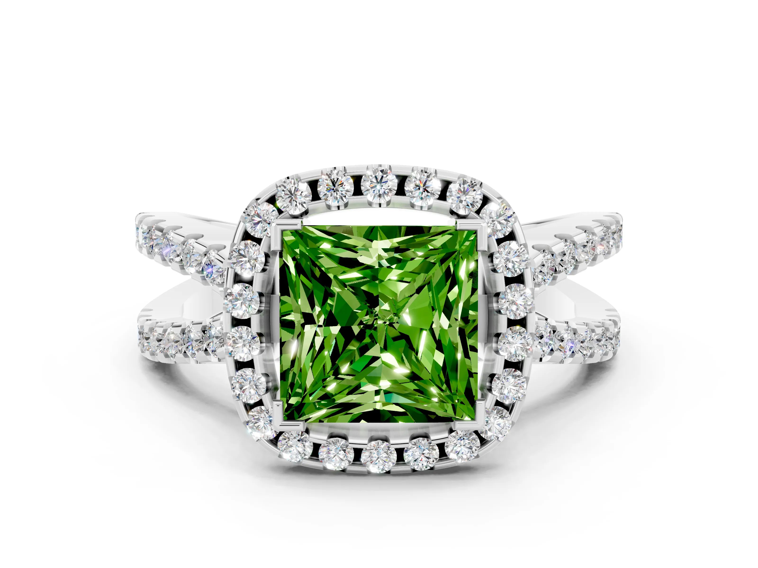 White gold Princess Cut Peridot Halo Ring with Split Shank Pavé Band and Prong Setting