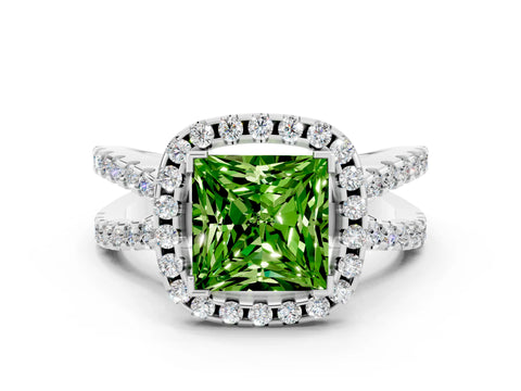 White gold Princess Cut Peridot Halo Ring with Split Shank Pavé Band and Prong Setting