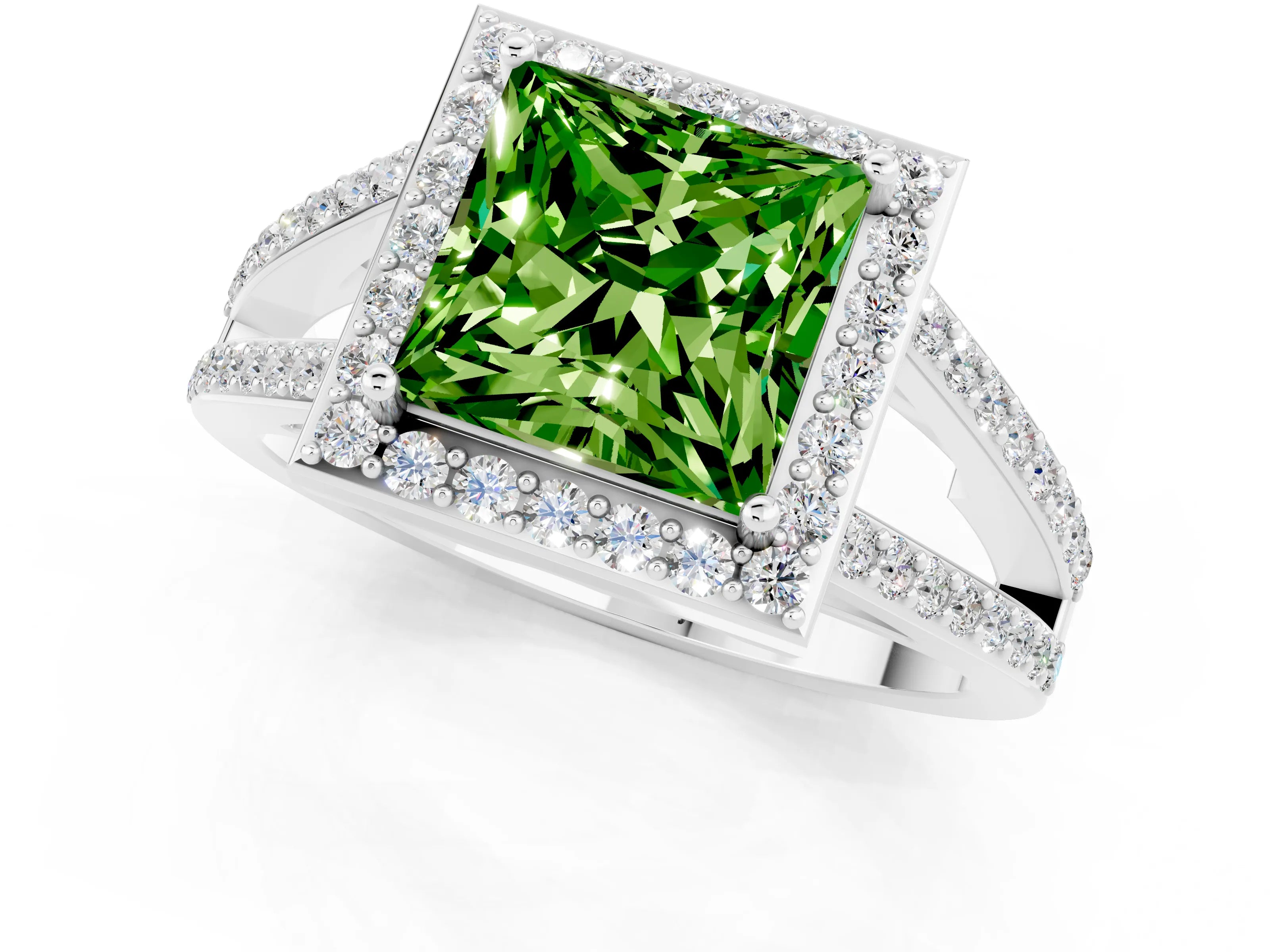 White gold Princess Cut Peridot Halo Ring with Split Shank U-Prong Band and Four-Prong Setting_1