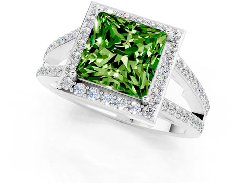 White gold Princess Cut Peridot Halo Ring with Split Shank U-Prong Band and Four-Prong Setting_1