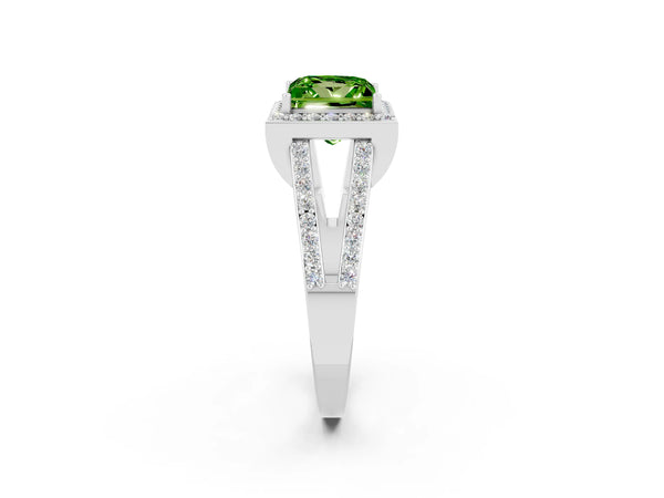 Platinum Princess Cut Peridot Halo Ring with Split Shank U-Prong Band and Four-Prong Setting