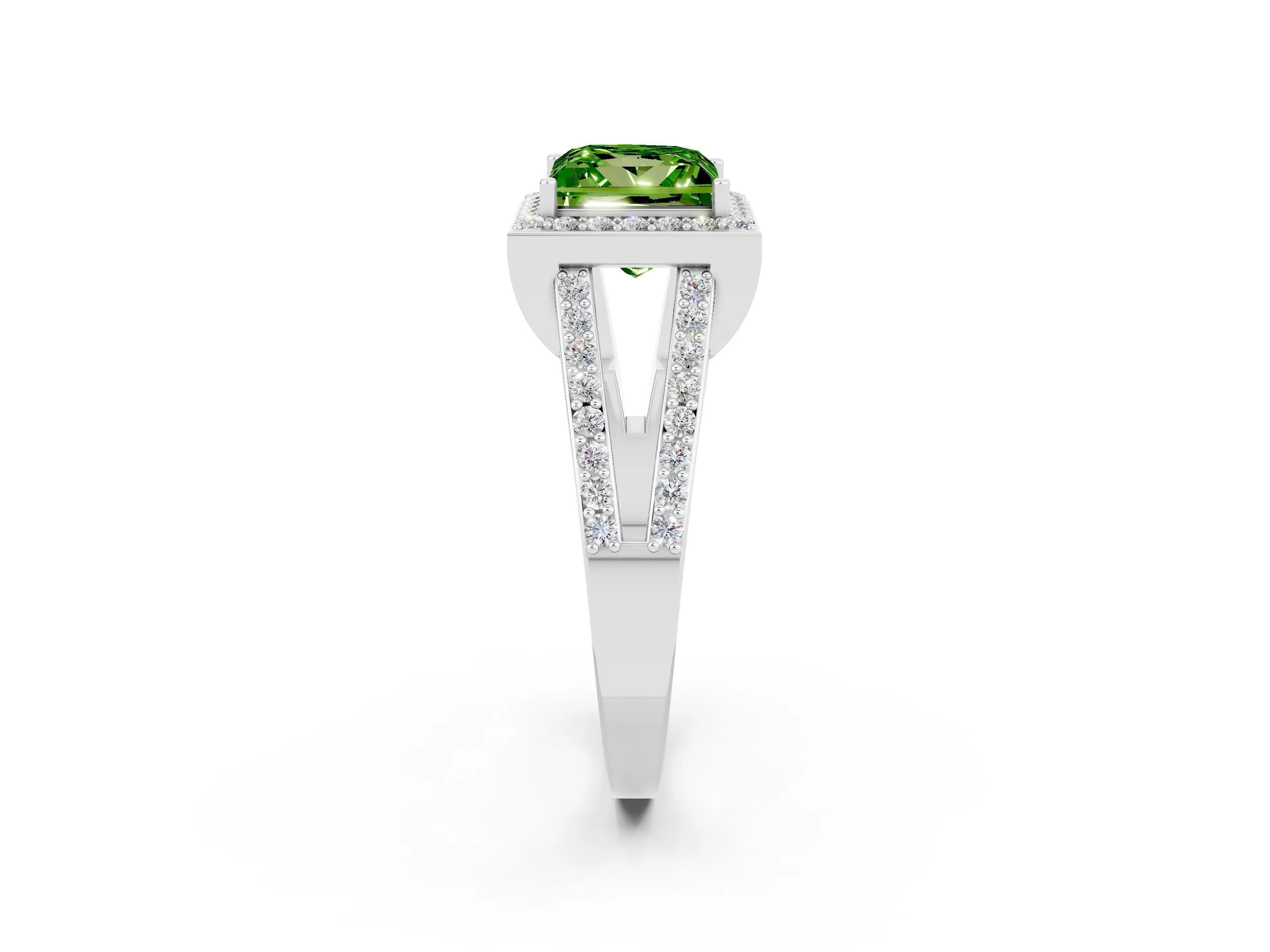 White gold Princess Cut Peridot Halo Ring with Split Shank U-Prong Band and Four-Prong Setting_2