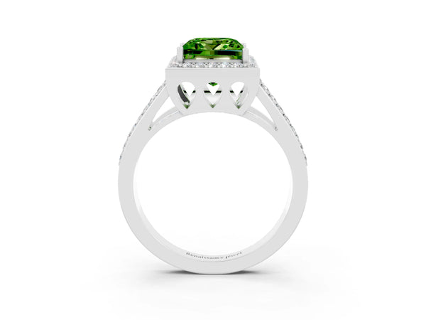 Platinum Princess Cut Peridot Halo Ring with Split Shank U-Prong Band and Four-Prong Setting
