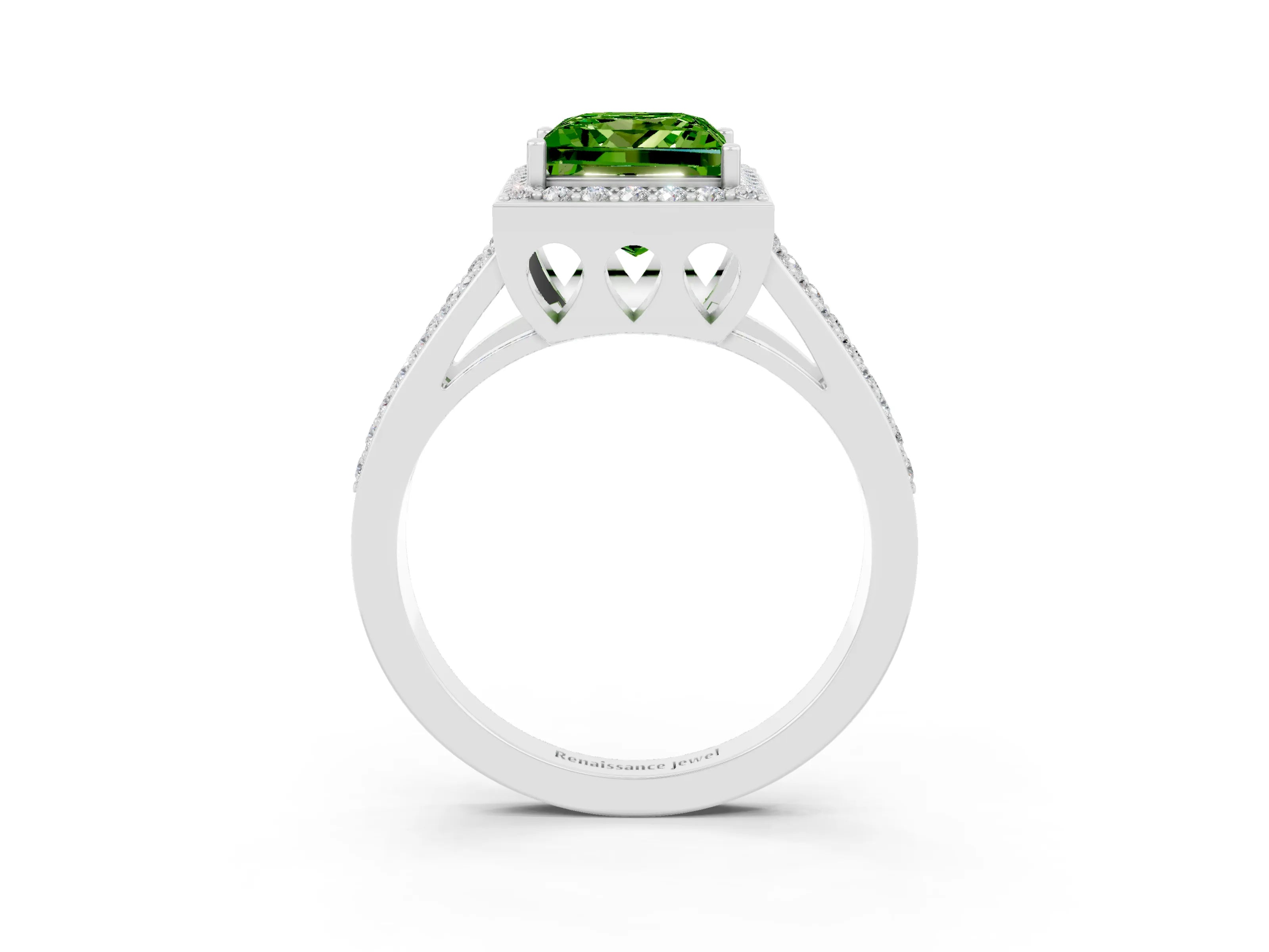 White gold Princess Cut Peridot Halo Ring with Split Shank U-Prong Band and Four-Prong Setting_3