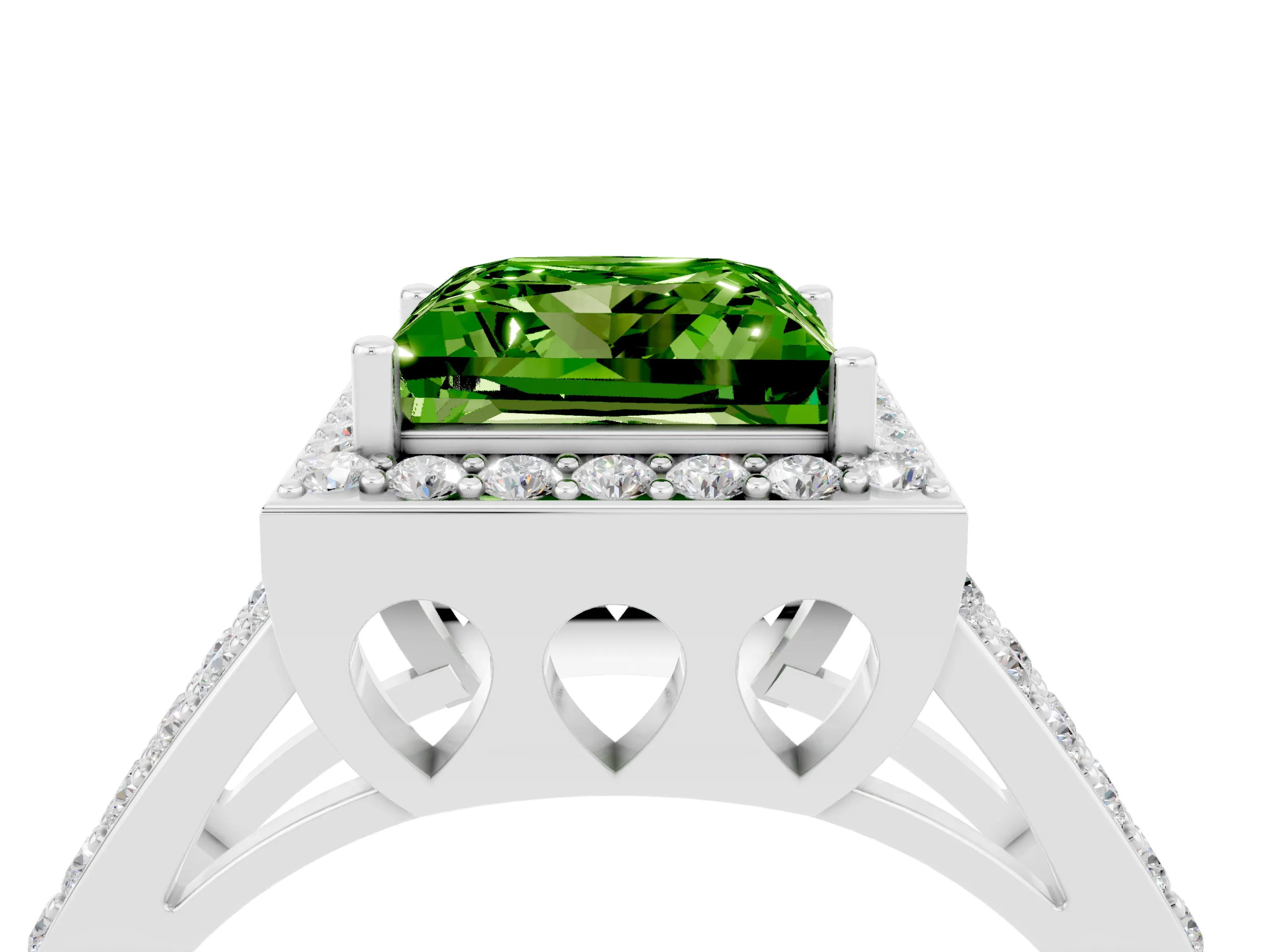 White gold Princess Cut Peridot Halo Ring with Split Shank U-Prong Band and Four-Prong Setting_4