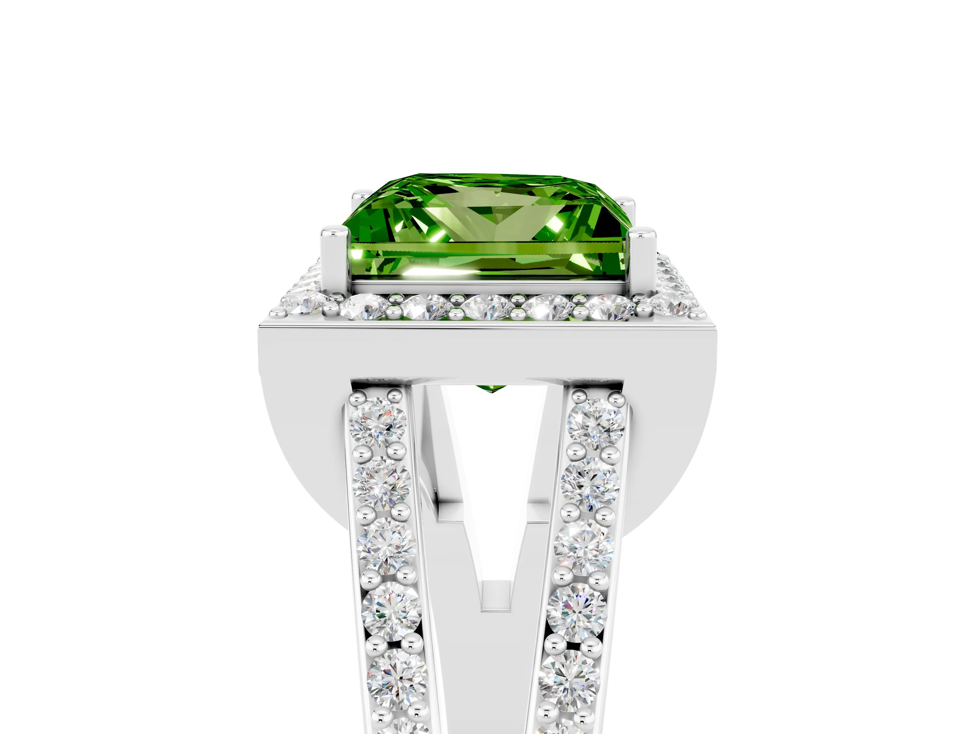 White gold Princess Cut Peridot Halo Ring with Split Shank U-Prong Band and Four-Prong Setting_5