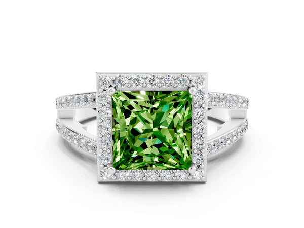 White gold Princess Cut Peridot Halo Ring with Split Shank U-Prong Band and Four-Prong Setting