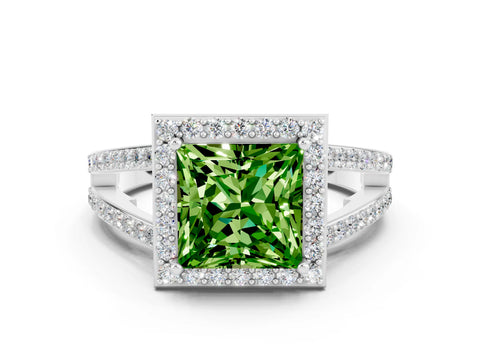 White gold Princess Cut Peridot Halo Ring with Split Shank U-Prong Band and Four-Prong Setting