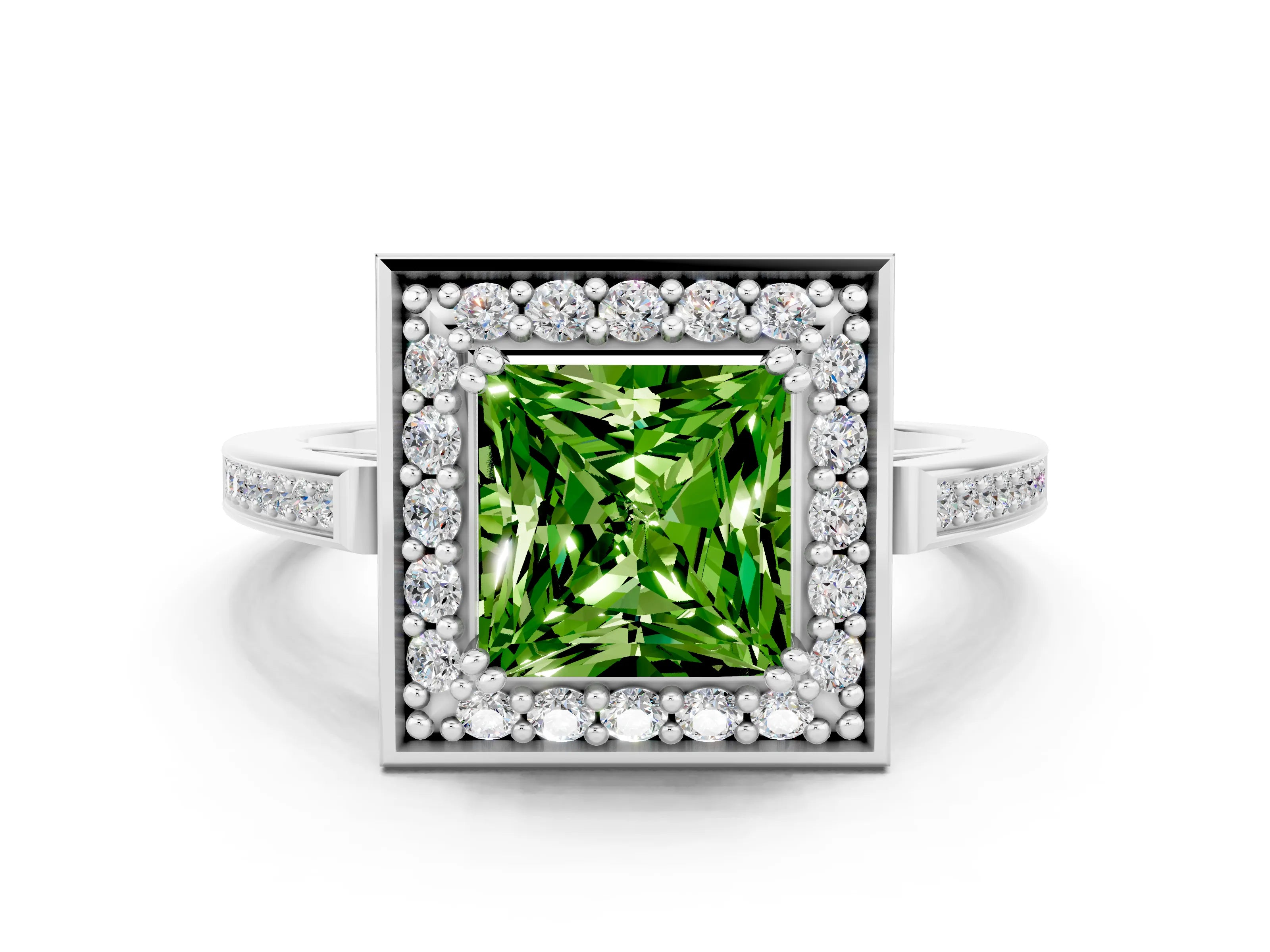 White gold Princess Cut Peridot Halo Ring with Split Shank and Four-Prong Setting_12