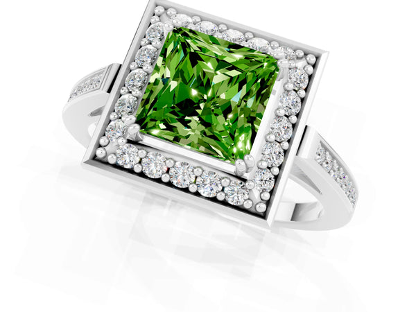 Silver Princess Cut Peridot Halo Ring with Split Shank and Four-Prong Setting