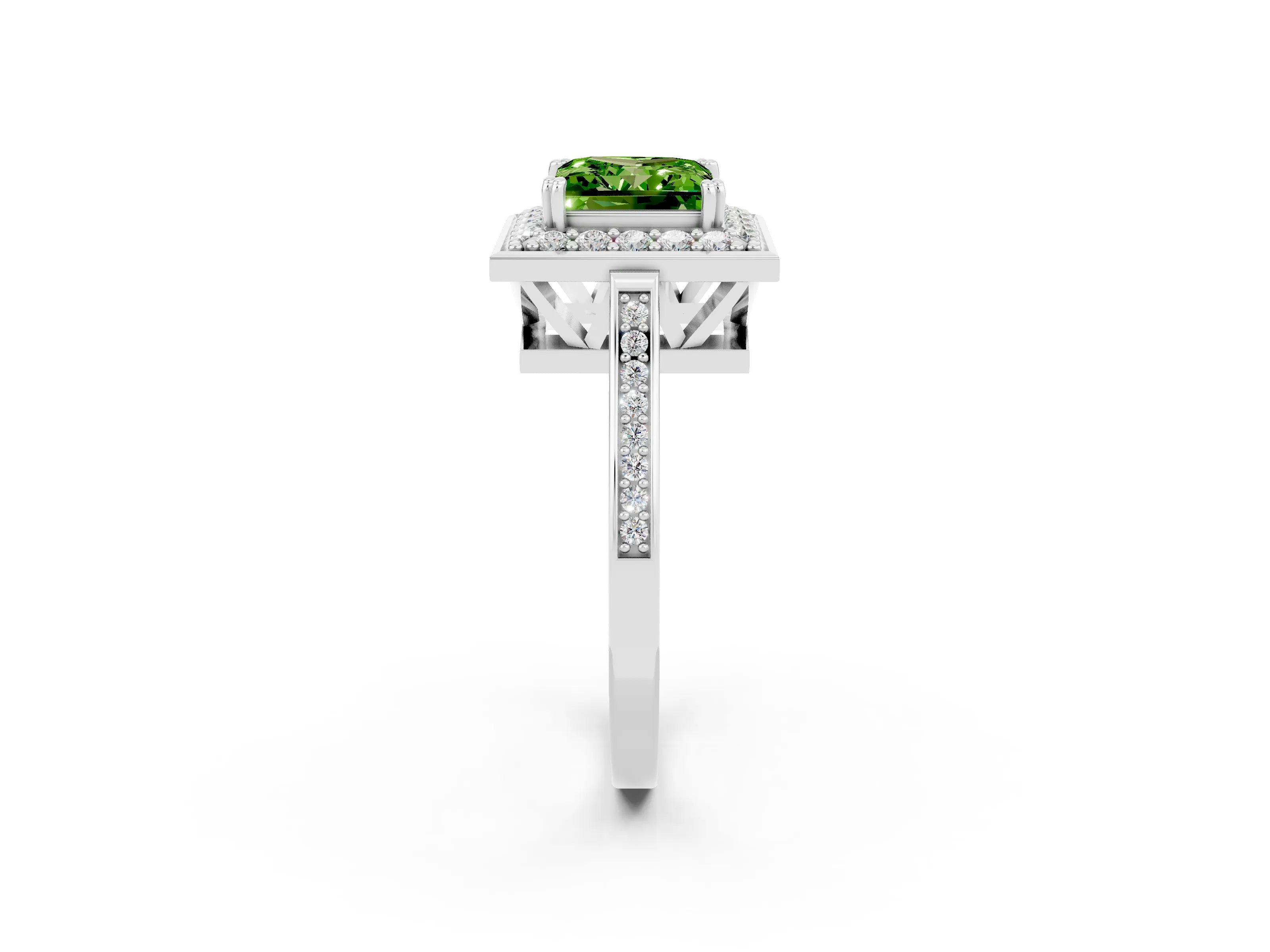 White gold Princess Cut Peridot Halo Ring with Split Shank and Four-Prong Setting_14