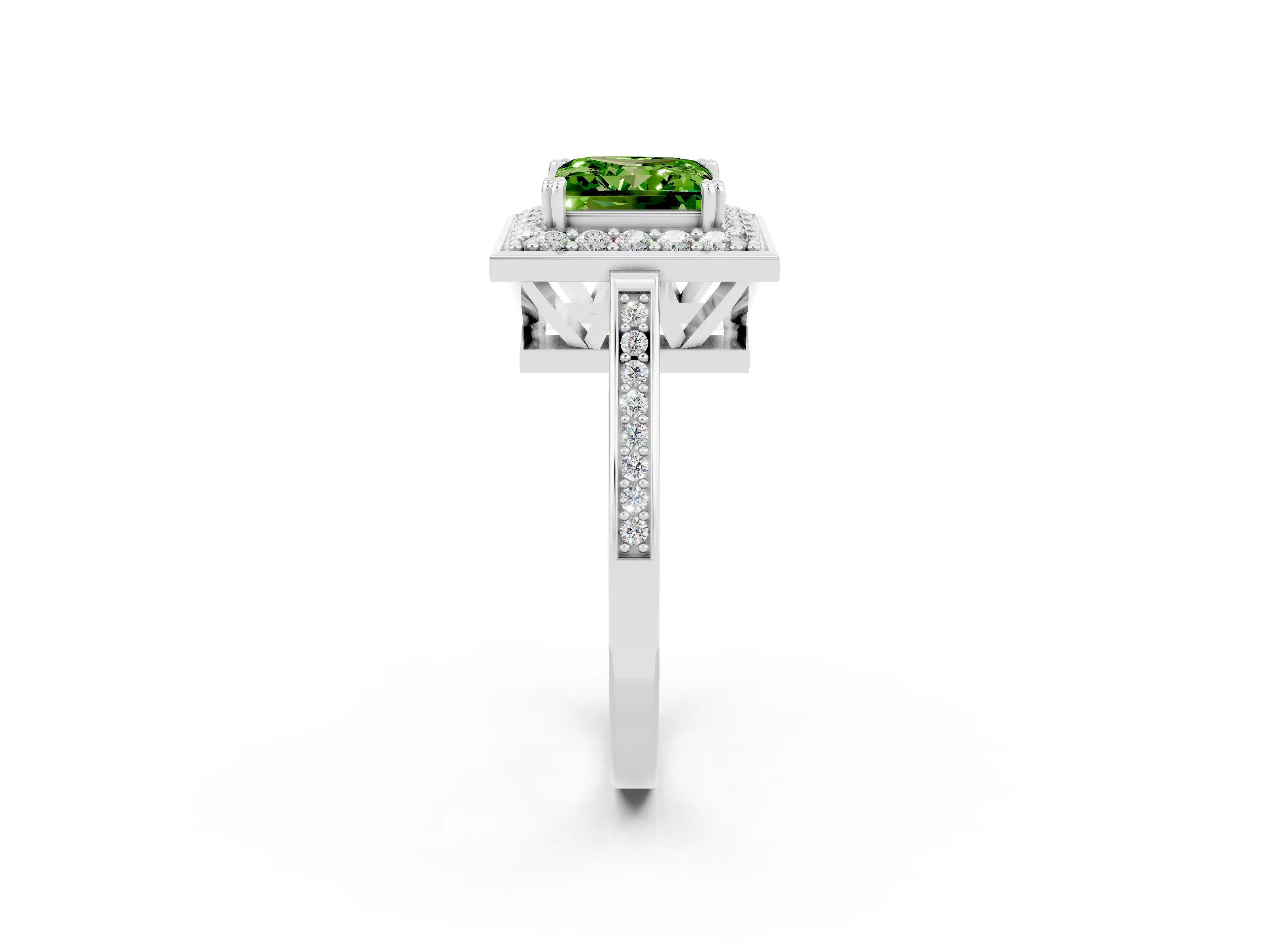 White gold Princess Cut Peridot Halo Ring with Split Shank and Four-Prong Setting_14