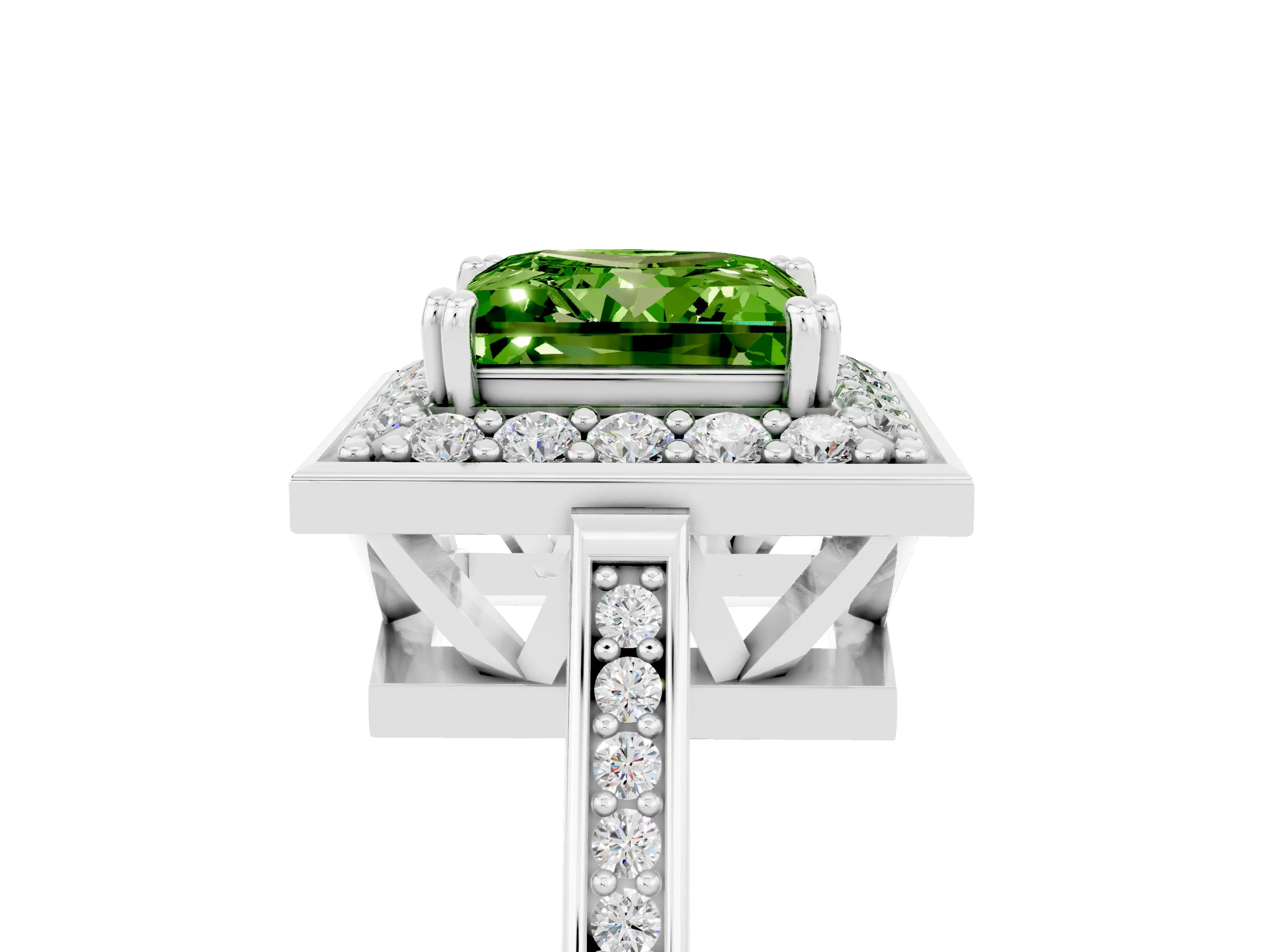 White gold Princess Cut Peridot Halo Ring with Split Shank and Four-Prong Setting_17