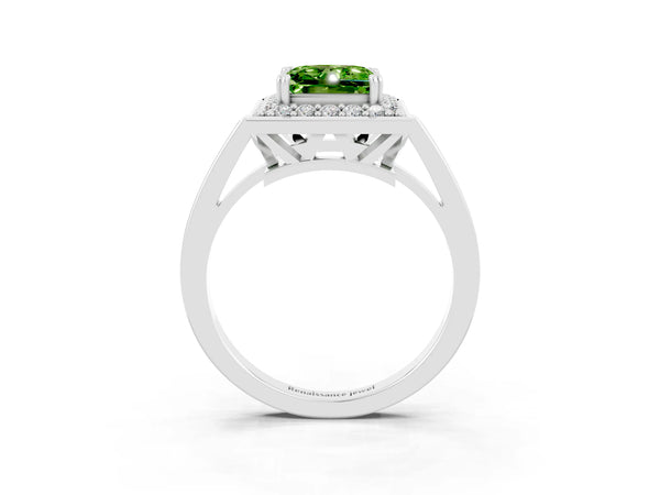 White gold Princess Cut Peridot Halo Ring with Split Shank and Four-Prong Setting