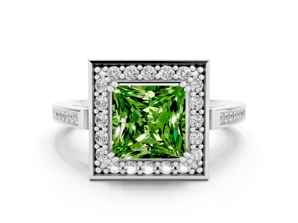 Silver Princess Cut Peridot Halo Ring with Split Shank and Four-Prong Setting