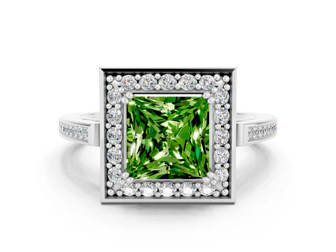 White gold Princess Cut Peridot Halo Ring with Split Shank and Four-Prong Setting_24