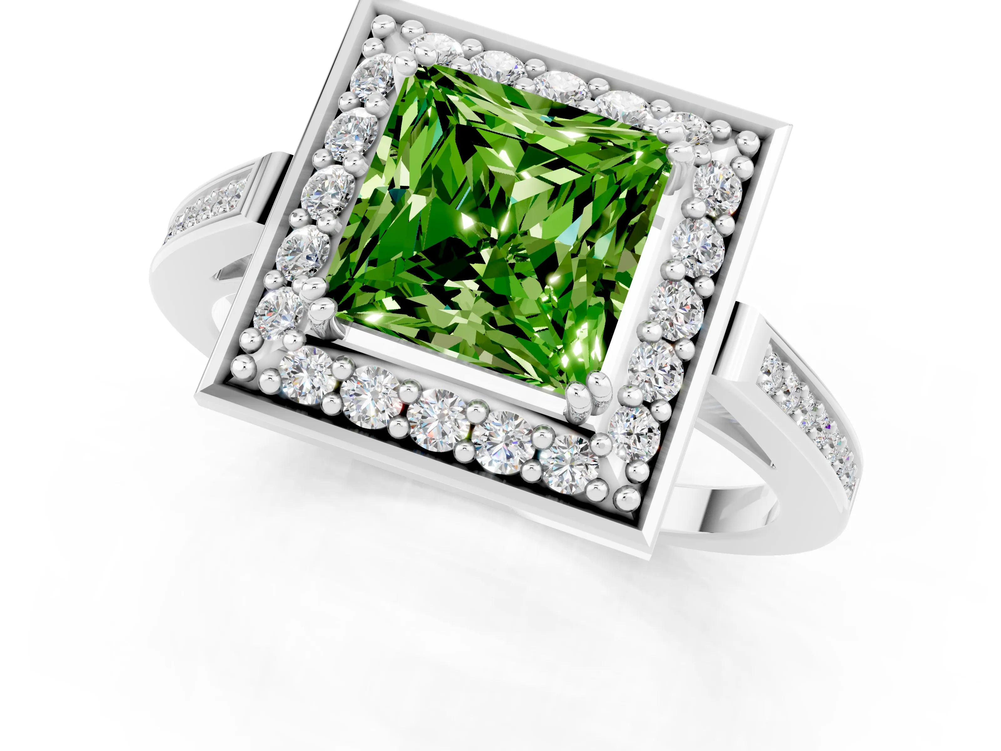 White gold Princess Cut Peridot Halo Ring with Split Shank and Four-Prong Setting_25