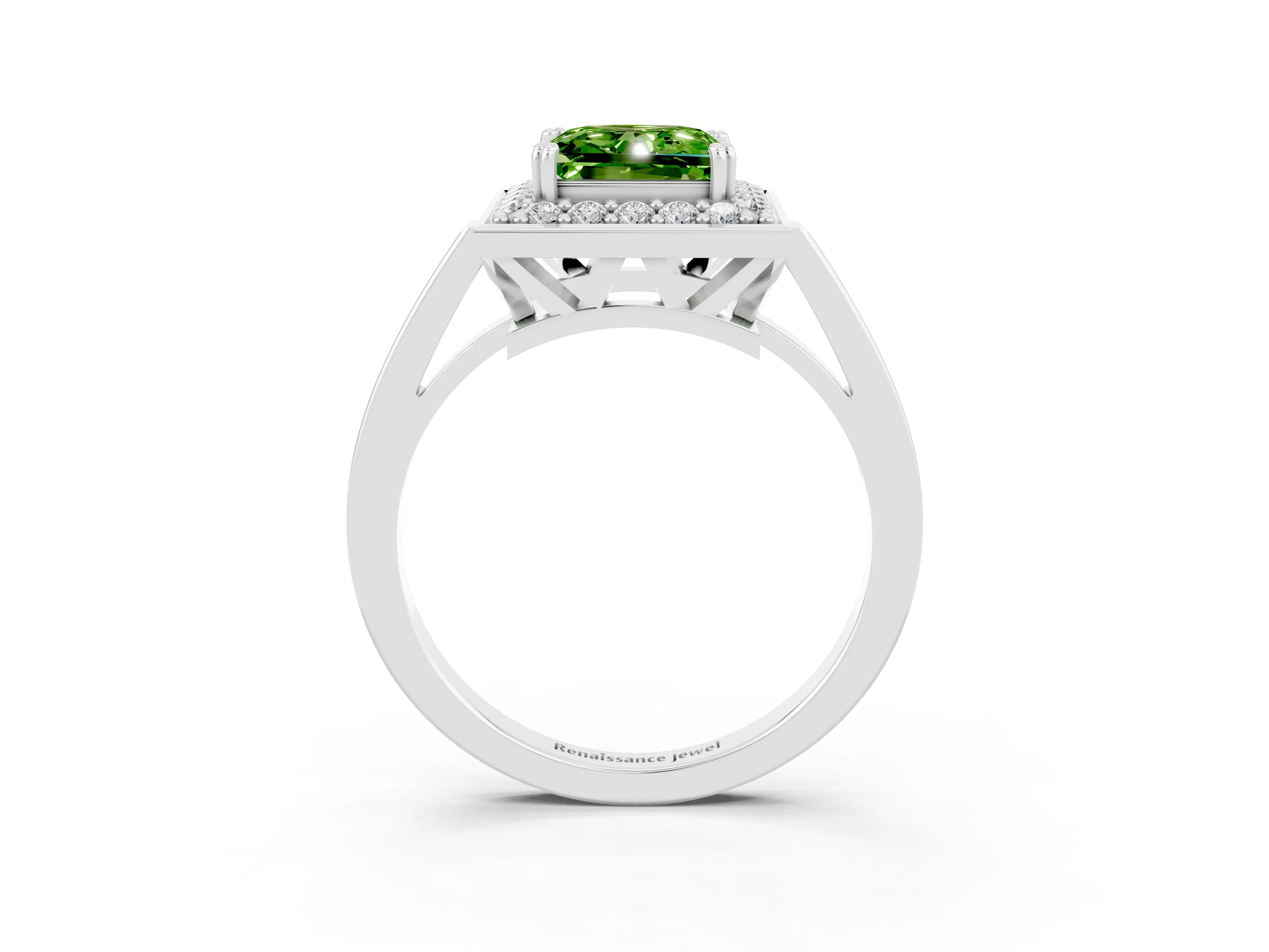 White gold Princess Cut Peridot Halo Ring with Split Shank and Four-Prong Setting_27