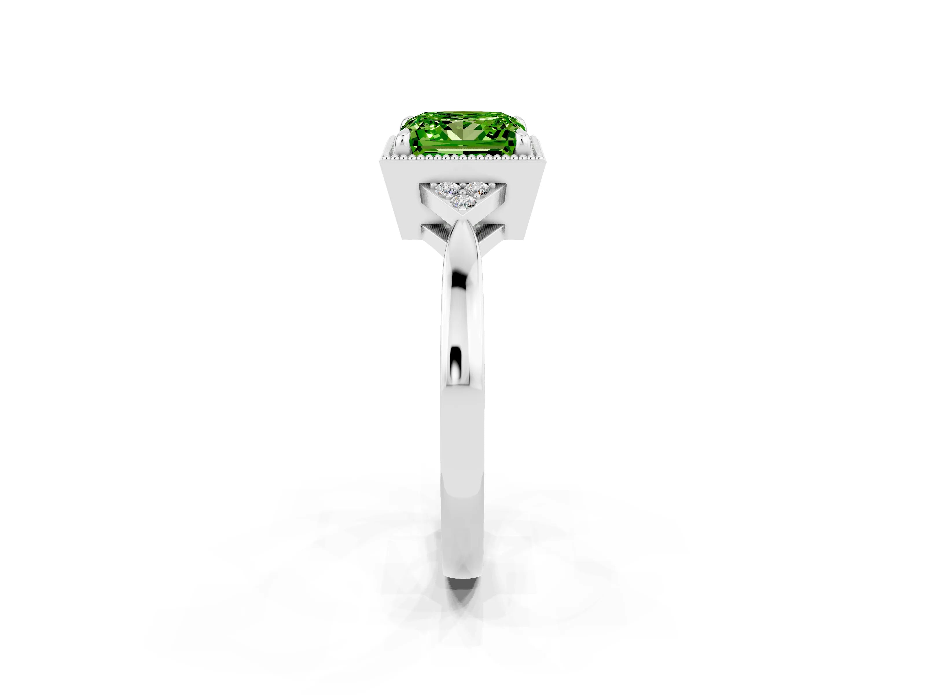 White gold Princess Cut Peridot Halo Ring with Tapered Band and Four-Prong Setting_2